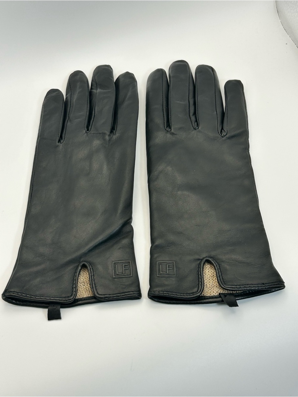 London Fog Black Leather Woman's Gloves Knit Lining Size Small Vintage